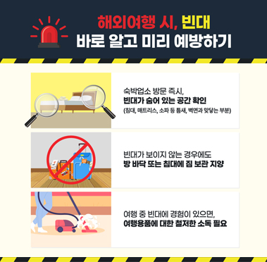 해외여행시 빈대 예방하기
숙박업소 방문 즉시 빈대가 숨어 있는 공간 확인(침대 매트리스, 머리판, 카페트, 침구류, 소파, 가구 등 틈새)
빈대가 보이지 않는 경우에도 방 바닥 또는 침대에 짐보관 지양
여행 중 빈대 경험시, 여행용품 철저한 소독 필요
 ？ 밀봉하여 장시간 보관하거나, 직물류는 건조기 처리 등